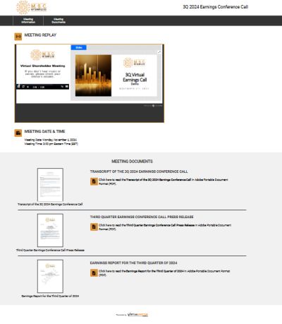 A screenshot of an example web page for a virtual earnings call